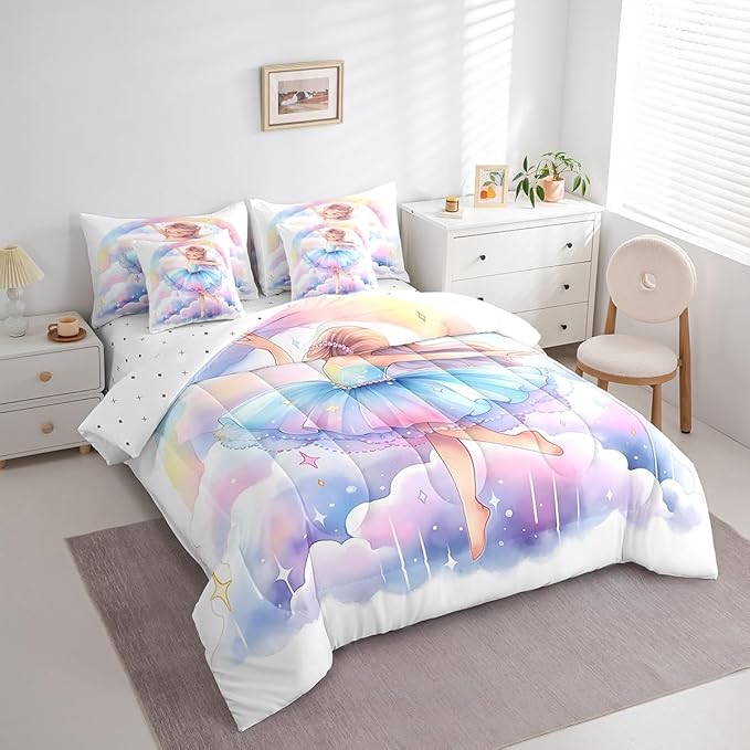 Feelyou Ballet Girls 7Piece Bedding Set King Size Cute Ballet Girls Comforter Set with Sheets for Kids Teens Toddler Dancing Girl Bed in a Bag Rainbow Bed Set