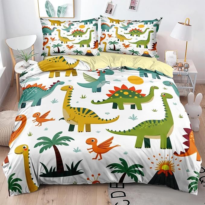 Dinosaur Duvet Cover Sets King Size for Kids Boys Girls Teens, Cartoon Yellow Comforter Cover,1 Duvet Cover 79x90 Inches and 2 Pillowcases 20x26 Inches (King,No Comforter)