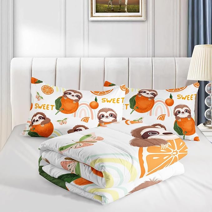 Cute Brown Sloth Bedding Animal Orange Butterfly Comforter 3Pcs Queen Rainbow Sweet Pattern Bedding Set for Kids Teens Girls Boys Bed Decor Tangerine Quilt with 1 Comforter and 2 Pillowcases