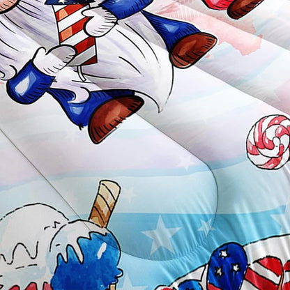 Gnome Bedding Set for Kids Boys Girls, American Flag Comforter Set Twin Size for Festival Celebration, Red Blue Star Quilt with 2 Pillowcases