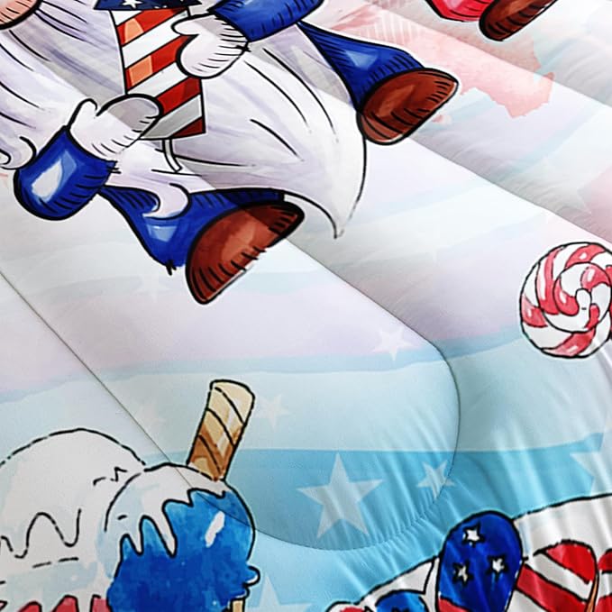 Gnome Bedding Set for Kids Boys Girls, American Flag Comforter Set Full Size for Festival Celebration, Red Blue Star Quilt with 2 Pillowcases