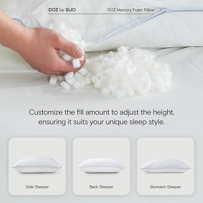 DOZ Adjustable Bed Pillow, Cooling Surface, Shredded Memory Foam, Medium Firm, Perfect for Back, Side, Stomach Sleeper, Oeko-Tex and CertiPUR-US Certified (King)