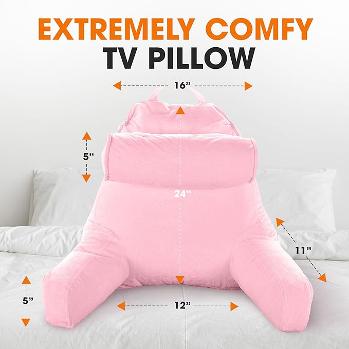 Cheer Collection Reading Pillow Chair - Chair Pillow with Arms and Detachable Neck Bolster for Bed & Couch - Machine Washable, Pink