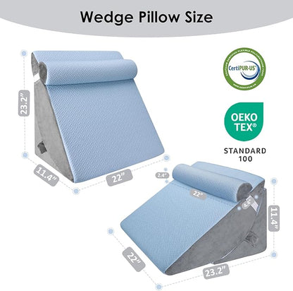 Bed Wedge Pillow for Sleeping, 3PCS Wedge Pillow Set for After Surgery, Adjustable 7 &12 inch Pillow Wedges for Acid Reflux Relief, Back Pain Relief, Sleep Apnea, Sitting Up, Headboard(Blue/Grey)
