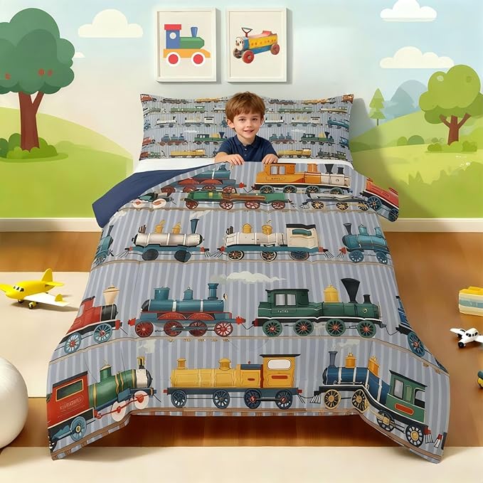 Erosebridal Kids Train Comforter Set - King Size for Boys & Girls - Colorful Steam Engine Bedding Sets - Cartoon Train Transportation Comforter with 2 Pillow Cases, Gray, Green, Blue, Yellow, White
