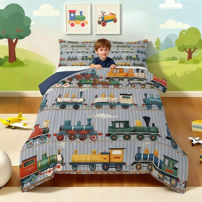 Erosebridal Kids Train Comforter Set - King Size for Boys & Girls - Colorful Steam Engine Bedding Sets - Cartoon Train Transportation Comforter with 2 Pillow Cases, Gray, Green, Blue, Yellow, White