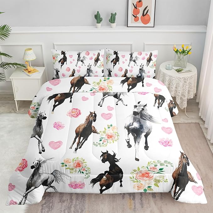 Western Horse Comforter Set Retro Floral Printed Bedding Set with 1 Comforter and 2 Pillowcases for Boys and Girls Bedroom All Season(Horse Queen)