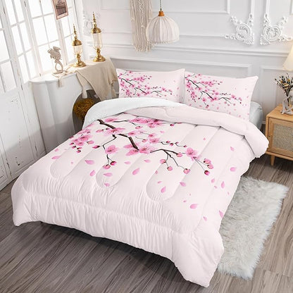 Cherry Blossoms Comforter Set Twin Size 3Pcs Romantic Theme Pink Bedding Set Girl Floral Down Quilt with 1 Comforter and 2 Pillowcases