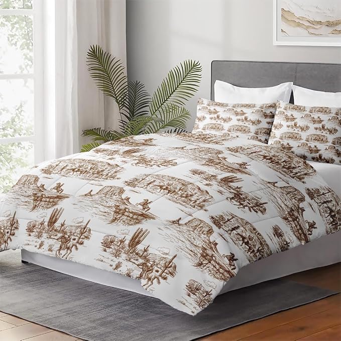 Queen Size Comforter Set with 2 Pillowcase, American Desert Cowboy Soft 3 Pcs Bedding for Kids and Adults, Western Country Vintage Comforter Set for Room Bedroom Bed Decor