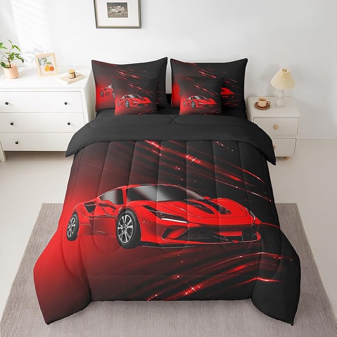 Feelyou Boys Red Race Car 7 Piece Bedding Set King Size Speed Sports Car Comforter Set with Sheets for Kids Teens Adult Fast and Furious Bed in a Bag Red Ombre Bed Set