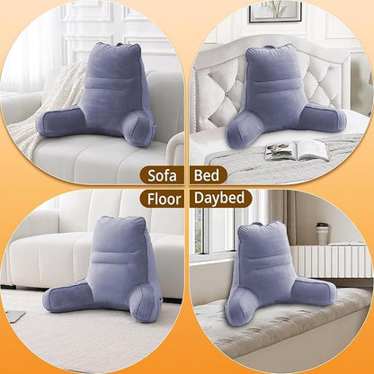 Sasttie Reading Pillow for Bed - 23 Inch, Back Pillow for Bed Sitting Up, Back-Rest Support Cushion with Side Pockets and Arms, Dorm Essentials, Oeko-Tex Certified, Grey Purple