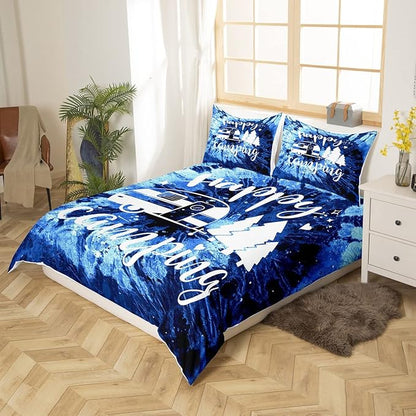 Happy Camping Camper Full Size Duvet Cover Set,Watercolor Blue Tie Dye Duvet Cover for Girls Teens Decorative Bedroom,Farmhouse Boho Trippy Art Polyester Quilt Cover with 2 Pillowcases