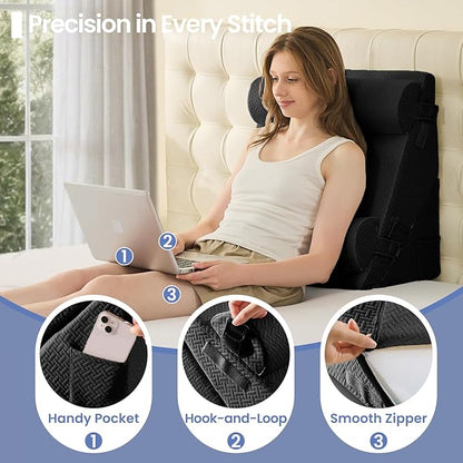 Sasttie Wedge Pillow Set for After Surgery, 3PCS Adjustable Bed Wedge Pillow Headboard with Memory Foam Neck Cushion – for Acid Reflux, Sleeping, Neck & Back Support, Black