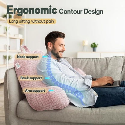 21" Higher Large Reading Pillow for Bed Adult, Back Pillow for Bed Sitting Up with Memory Foam Back Support with Arms Rest for Couch Chair Pink