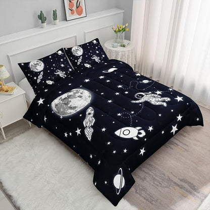 Astronaut Space Rocket Comforter Set 3D Printed Bedding Set with 1 Comforter and 2 Pillowcases for Boys and Girls Bedroom All Season(Space Queen)