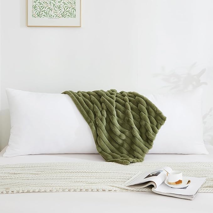 Full Body Pillow with Fluffy Stripe Faux Fur Removable Cover, Long Bed Pillow Adult 20x54 Inches for Side Sleeper and Pregnancy, Sage.