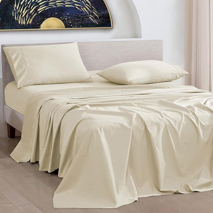 URBANHUT 1000 Thread Count Queen Sheets Set Egyptian Cotton, Long Staple Soft & Breathable, 4 Pc Bed Sheet Sets for Queen Size Bed, Luxury Hotel Sateen Sheets Fits 16" Deep Pocket - Ivory New