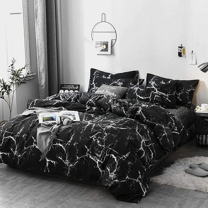 Wellboo Black Marble Comforter Set Queen White Texture Bedding Women Men Black and White Marble Quilts Cotton Adults Modern Black Abstract Streaks Bed Organic Luxury Gothic Chic Blanket