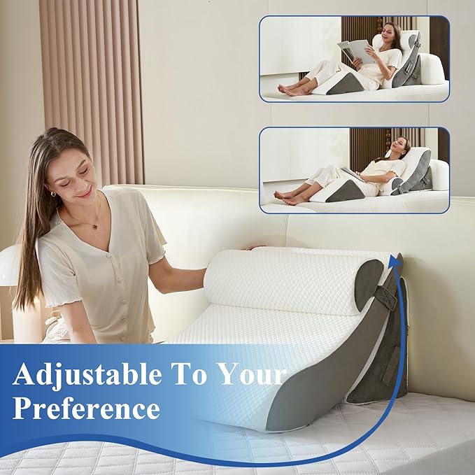 4PCS Orthopedic Bed Wedge Pillow Set, Post Surgery 45D Memory Foam for Back, Neck, and Leg Pain Relief Pleasing & Adjustable Support Pillows-Ease Acid Reflux & GRED with Better Sleep, White Dark Grey