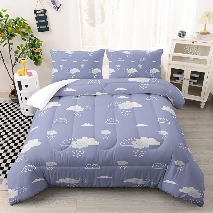 Cute Clouds Printed Bedding Comforter Set King Size for Teens and Adults,Clouds Printed Quilt Set for Bedroom 100% Soft Microfiber All Season with 1 Comforter and 2 Pillowcases