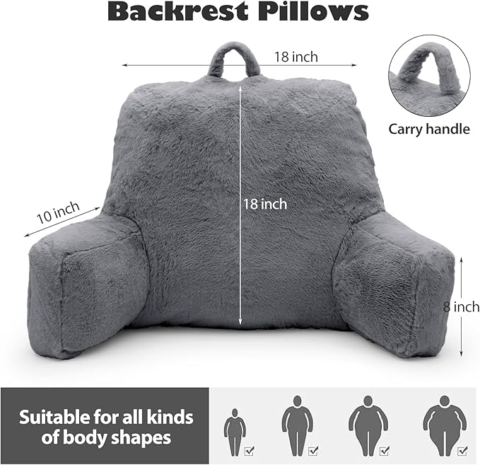 Reading Pillow Large Bed Pillow,Backrest Pillow with Arms, Back Support Pillow for Sitting Up in Bed, Couch for Adults Lounging Bedrest,Grey