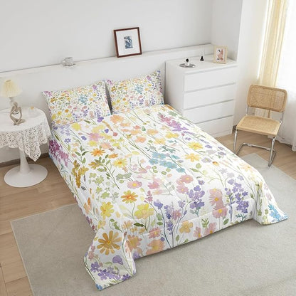 Erosebridal Cute Rainbow Flower Full Bedding Set for Girls Kids Women,Colorful Boho Floral Comforter Set Rustic Home Decor,Bohemian Wildflower Quilt Bed Set Wild Flowers Bed Comforter Set 3Pcs