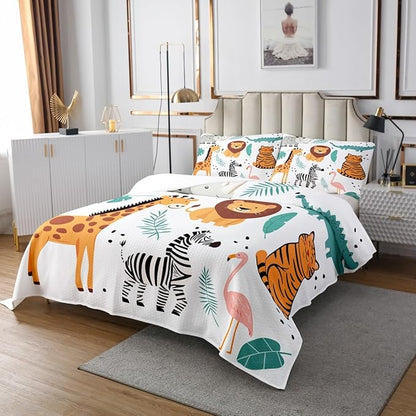Erosebridal Zebra Coverlet Set Crocodile Bedspread King Size Wild Animal Bedding Set Palm Leaves Quilt Set for Child Teens Youth,Wildlife Plant Leaf Bedroom Decor