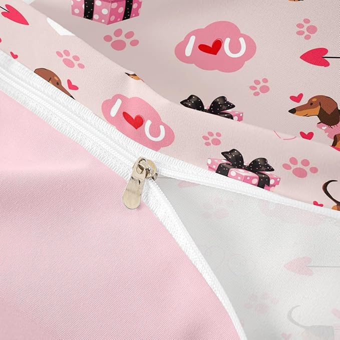 Cute Dachshund Bedding Sets King Size,Valentine's Day Duvet Cover Set 3Pcs for Kids Girls Boys Adult Room Decor,Pink Love Heart Print Comforter Cover Romantic Dog Paw Quilt Cover,2 Pillowcases