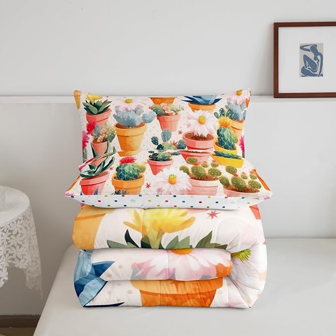 Watercolor Cactus Comforter Set Toddler Size for Kids Tropical Wild Flower Bedding Sets All Season Desert Botanical Quilt Set Bedroom Decor Nature Green Plant Down Comforter,2Pcs