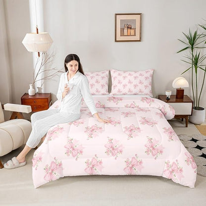 Erosebridal Cute Pink Floral Queen Comforter Set,Pink Coquette Bow Bedding Sets for Girls Kids Women,Princess Bowknot Bed Set,Boho Flower Wildflower Room Decor with 2 Pillowcases,Ultra Soft