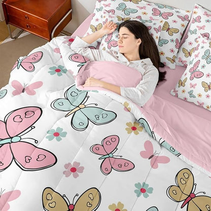 Feelyou Cute Butterfly 7 Piece Bedding Set Kawaii Flower Comforter Set with Sheets for Kids Boys Girls Pink Blue Yellow Bed in a Bag Nutrue Theme Bed Set Soft Lightweight