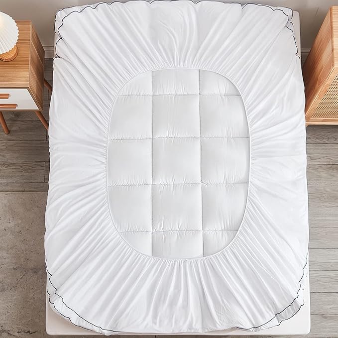 Mattress Pad Cover Pillow Top with Stretches to 18” Deep Pocket Fits Up to 8”-21” Cooling White Bed Topper (White-Thick, Twin)