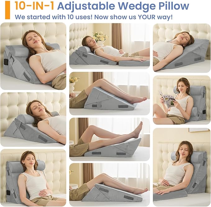 Sasttie Wedge Pillow Set for After Surgery, 2PCS Adjustable Bed Wedge Pillow Headboard with Memory Foam Neck Cushion – for Acid Reflux, Sleeping, Neck & Back Support, Velvet & Light Grey