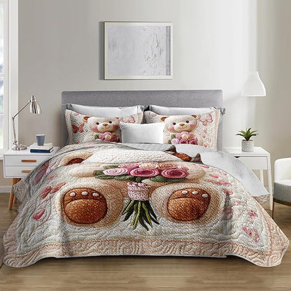 Kawaii White Teddy Bear Quilts Bedding King 3Pcs Cartoon Butterfly Rose Bouquet Bed Set Fantasy Flower Pet Toy Bear Bedspread Coverlet with 2 Pillowcases for Kid Boy Girl Teen Adult Room Decor