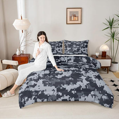 Castle Fairy Gray Pixelated Miners Gamer Bedding Sets Full Size,Cartoon Style Video Games Reversible Down Comforter Breathable Polyester Quilt Set,Black Checkered Grid Duvet Insert,2 Pillowcases
