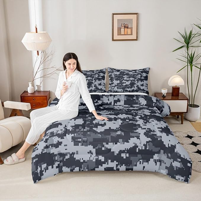 Castle Fairy Gray Pixelated Miners Gamer Kids Comforter Set Twin Size,Cartoon Style Video Games Reversible Bedding Sets for Teens Bedroom Decor,Black Checkered Grid Quilted Duvet,1 Pillowcase
