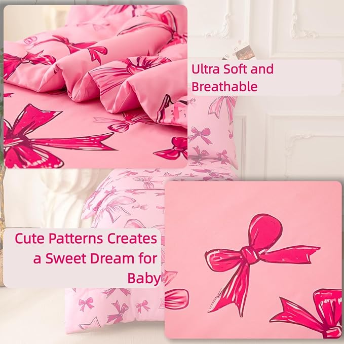 SDIII 4 Piece Pink Bow Girl Toddler Bedding Set, Cute Bowknot Princess Toddler Bedding Set with Comforter, Fitted Sheet, Flat Sheet and Pillowcase