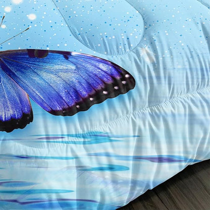 Fantasy Blue Themed Aesthetic Bedding Twin Comforter Set,Butterflies on Water with Falling Flowers Comforter Sets for Kids Girls Boys,Pretty Butterfly Pattern Bedding Sets with 2 Pillowcases.