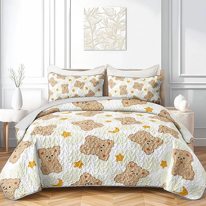 AILONEN Cute Bear Twin Size Quilted Bedspread Coverlet,Brown Teddy Bear Quilt Set 3Pcs,Soft Cartoon Animal Themed Bed Cover for Kids + 2 Pillowcases