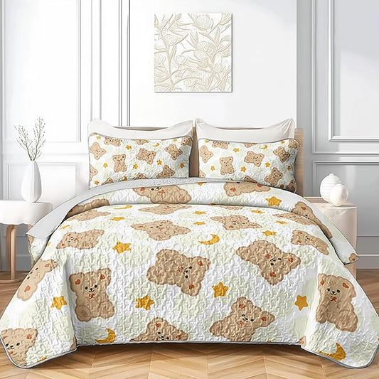AILONEN Cute Bear Twin Size Quilted Bedspread Coverlet,Brown Teddy Bear Quilt Set 3Pcs,Soft Cartoon Animal Themed Bed Cover for Kids + 2 Pillowcases