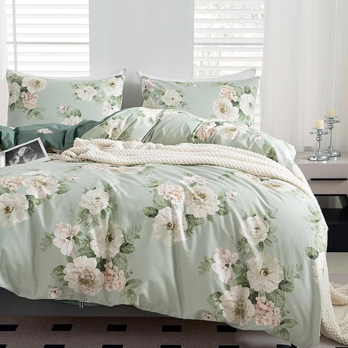 Floral Duvet Cover Queen 100% Soft Cotton 3 Pieces French Country Chic Garden Style Peony Flower Luxury Blossom Floral Vibrant Pattern Reversible Flower Duvet Cover Queen with Zipper Closure