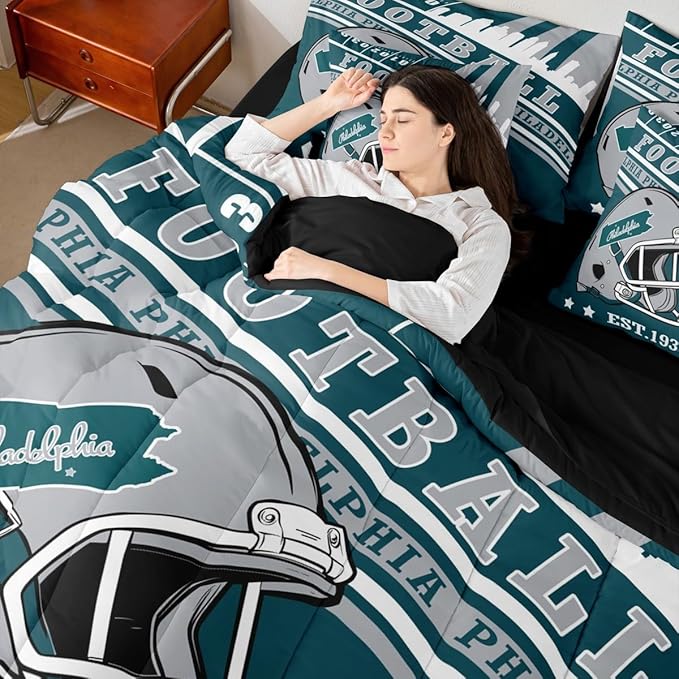 Erosebridal Kids Football Sports Seasonal Comforter Set, Sports Fans Gifts, Football Comforter + Flat Sheet + Fitted Sheet + 2 Pillowcases + 2 Throw Pillow Covers, Full