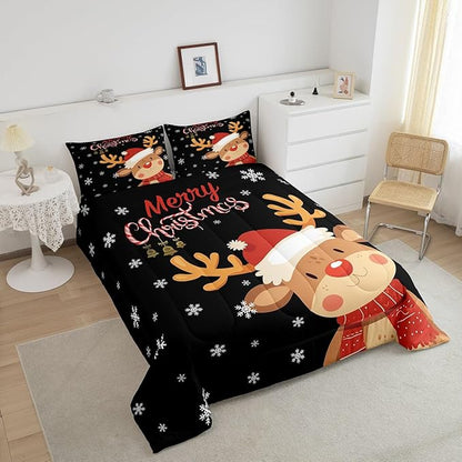 Cartoon Deer Reindeer Comforter Set Full,Merry Christmas Bedding Set for Kids Boys Girls,Xmas Snowflake Duvet Insert Bedroom Decor,Happy New Year Gift Down Comforter with 2 Pillowcases Soft
