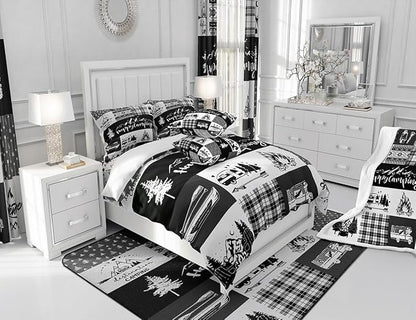 Camper Patchwork Bedding Set King Size for Teens,RV Happy Camping Hunting Adventure Comforter Cover with 2 Pillowcases,Travel Trailers Decor Boho Aztec Exotic Duvet Cover Set Microfiber Quilt Cover