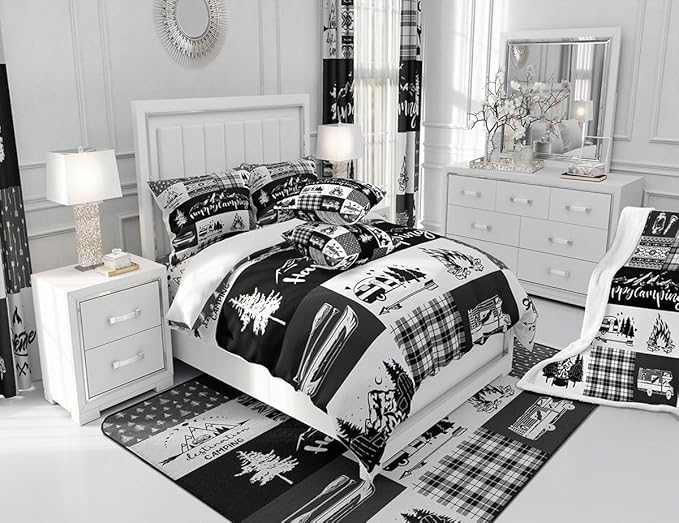 Camper Patchwork Duvet Cover Queen Size,RV Happy Camping Hunting Adventure Duvet Cover Set for Children Adult,Travel Trailers Decor Boho Aztec Exotic Soft Comforter Cover for Dorm Room, Zipper, Ties