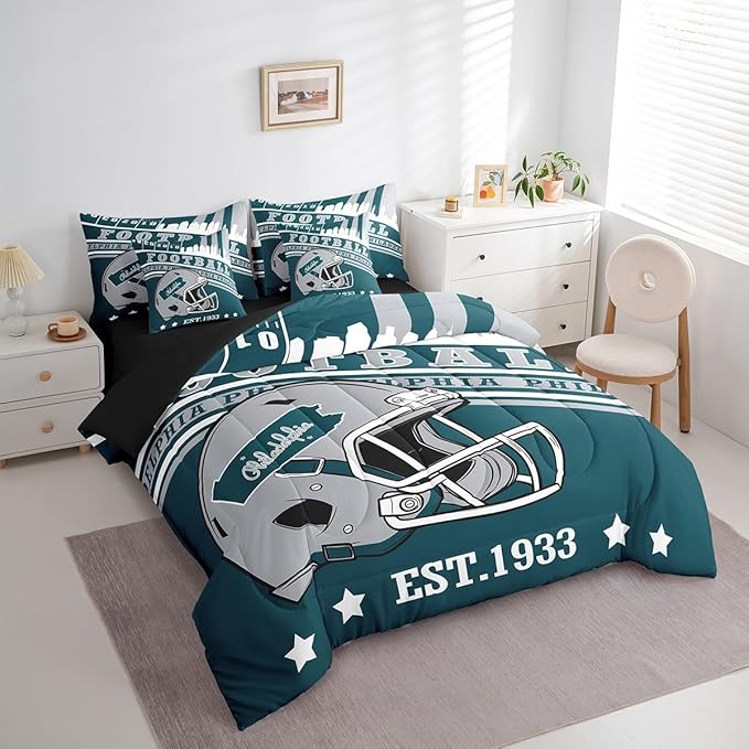 Erosebridal Kids Football Sports Seasonal Comforter Set, Sports Fans Gifts, Football Comforter + Flat Sheet + Fitted Sheet + 2 Pillowcases + 2 Throw Pillow Covers, Full