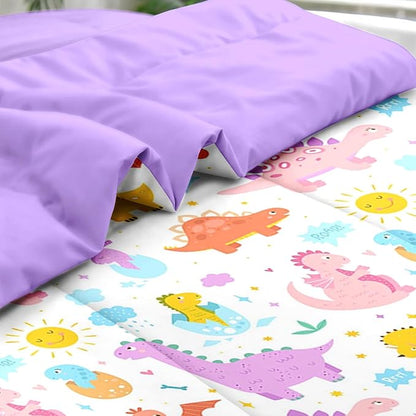 Comforter Set Twin Size, Cute Dinosaur 5 Pcs Bedding for Kids and Adults, Love Rainbow Happy Bed Sheet Sets with Fitted Sheet Pillowcase & Sham for Bedroom Bed Decor
