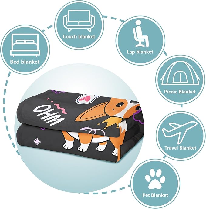 Puppy Corgi Lover Blanket, Just A Girl Who Loves Dogs Blanket, Soft Warm Cozy Fleece Throw, Gifts for Girls Women Kids, 50"x60", Black