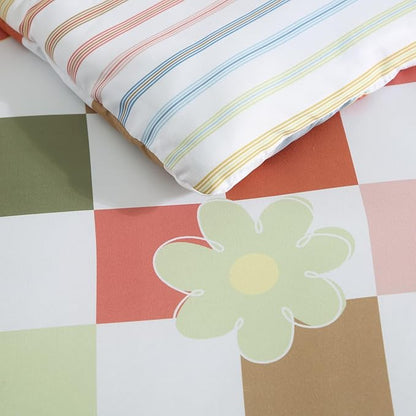 Full Size Comforter Set for Girls, Colorful Checkered Bedding Set with Cute Floral, All Season Plaid Kids Bed in a Bag 7 Pieces with Sheets, Pillowcases & Shams
