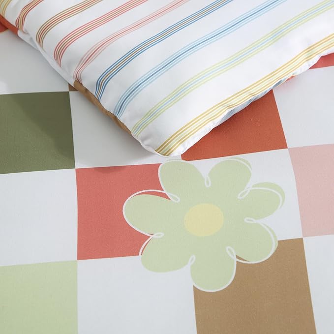 Twin XL Comforter Set for Girls, Colorful Checkered Bedding Set with Cute Floral, All Season Plaid Kids Bed in a Bag Dorm 5 Pieces with Sheets, Pillowcase & Sham
